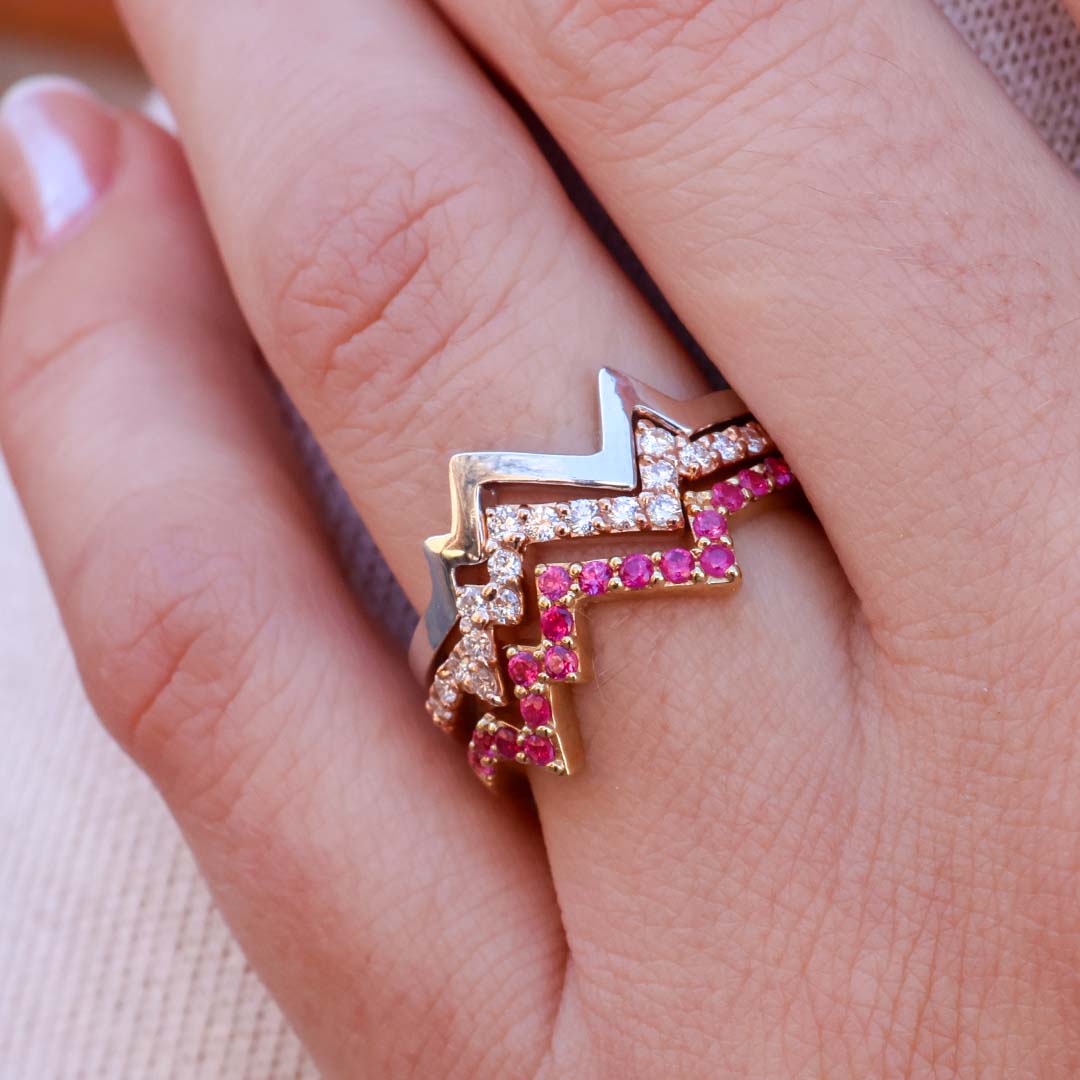 Woman Wearing Stackable Mountain Rings by Park City Jewelers