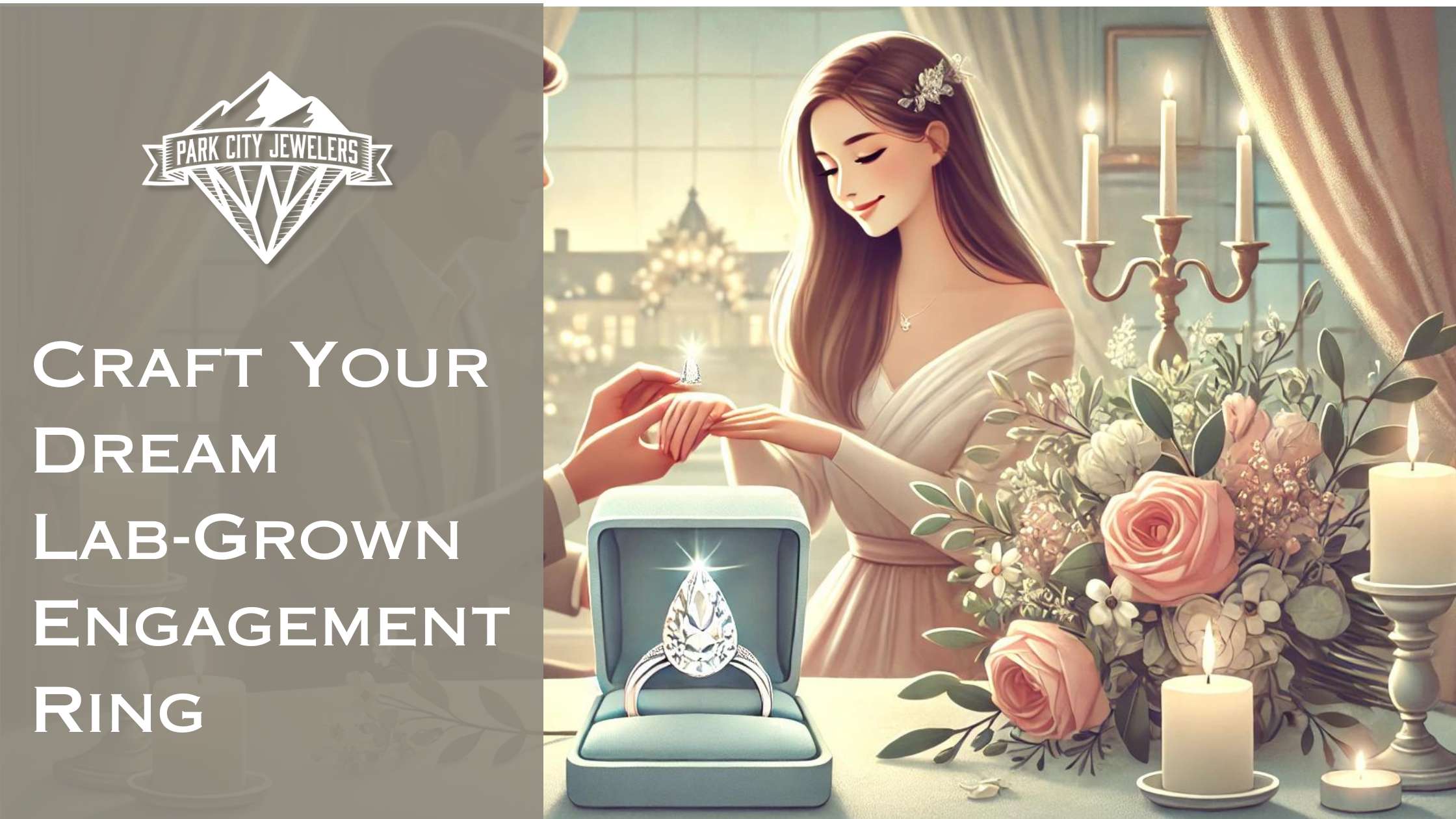 Lab-Grown Engagement Ring Blog Banner Featuring a Drawing of a Couple Getting Engaged with a Large Engagement Ring in the Front.