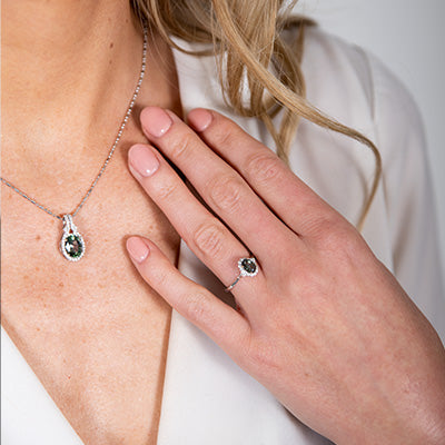 Woman wearing Park City Jewelers Alexandrite Ring and Pendant