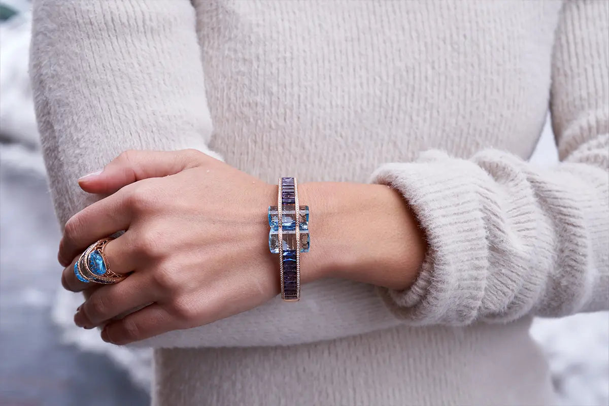 Woman Wearing Bellarri Iolite and Blue Topaz Bracelet from Park City Jewelers