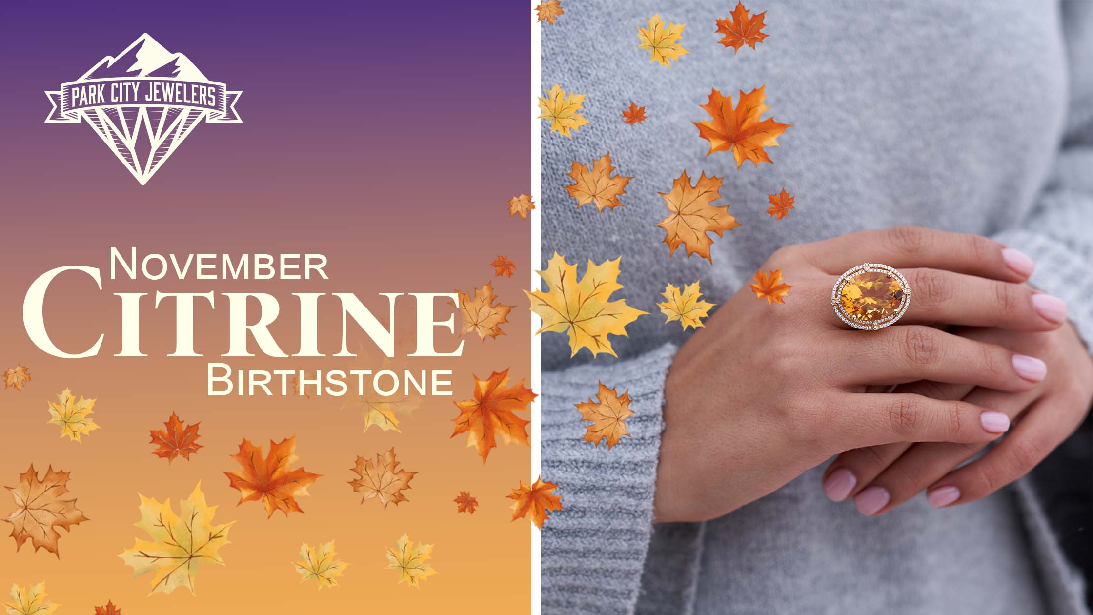 Citrine Blog Post Banner Image with Woman Wearing a Large Citrine Ring from Park City Jewelers.