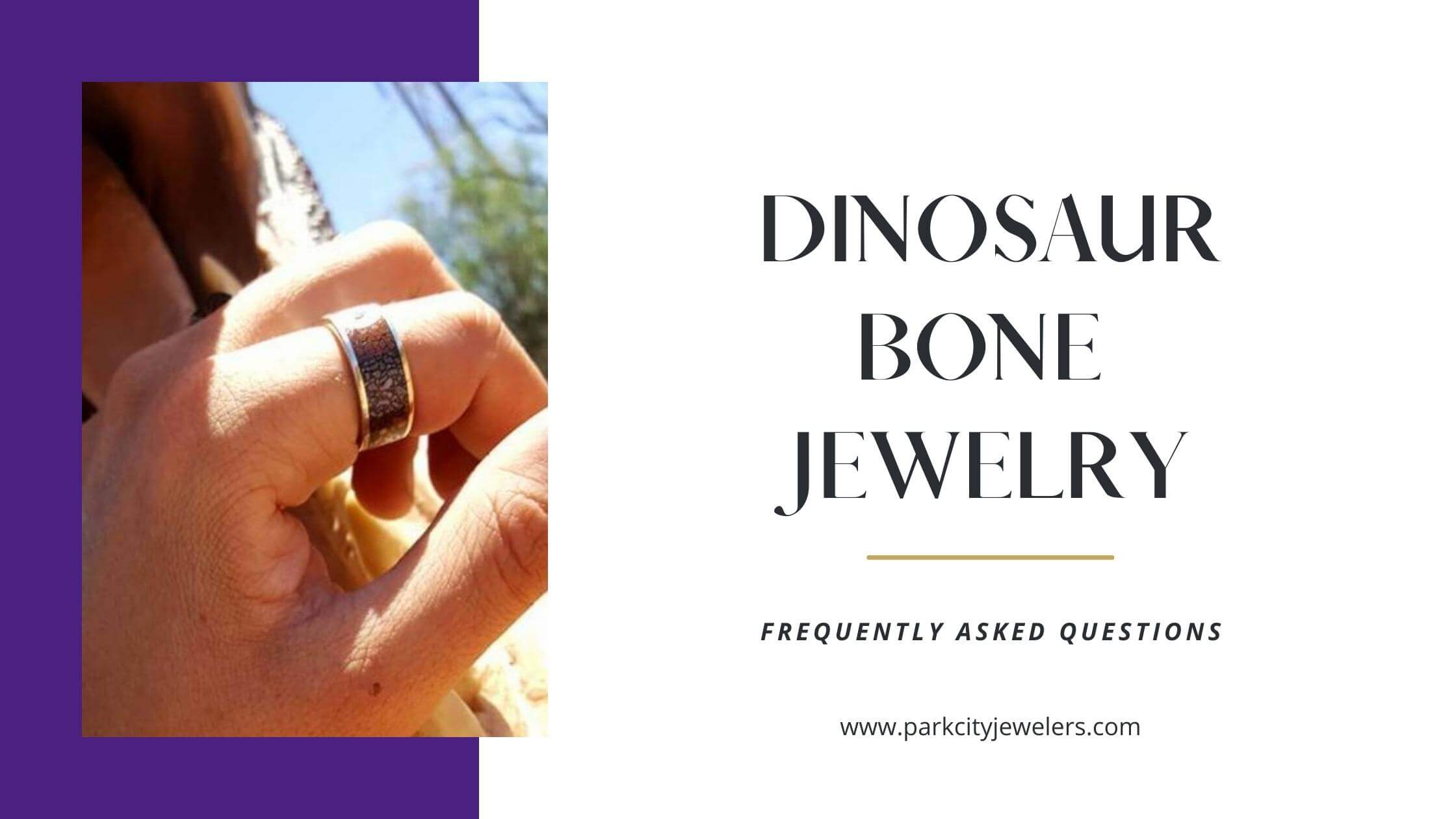 Dinosaur bone jewelry frequency asked questions informational blog post banner with a man wearing a dinosaur bone ring.