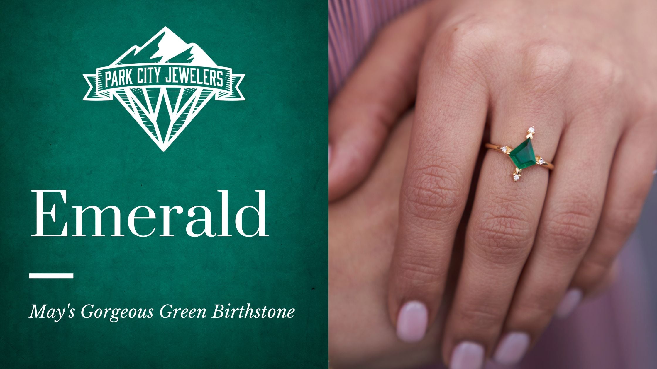 Emerald Blog Banner Featuring a Woman Wearing an Emerald Ring from Park City Jewelers.