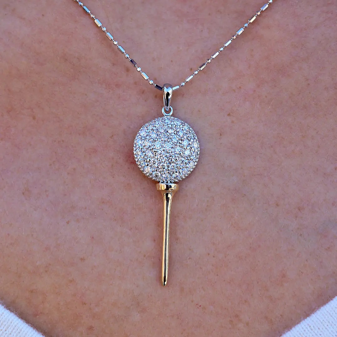 Woman Wearing Diamond Golfball on Tee Pendant - Park City Jewelers
