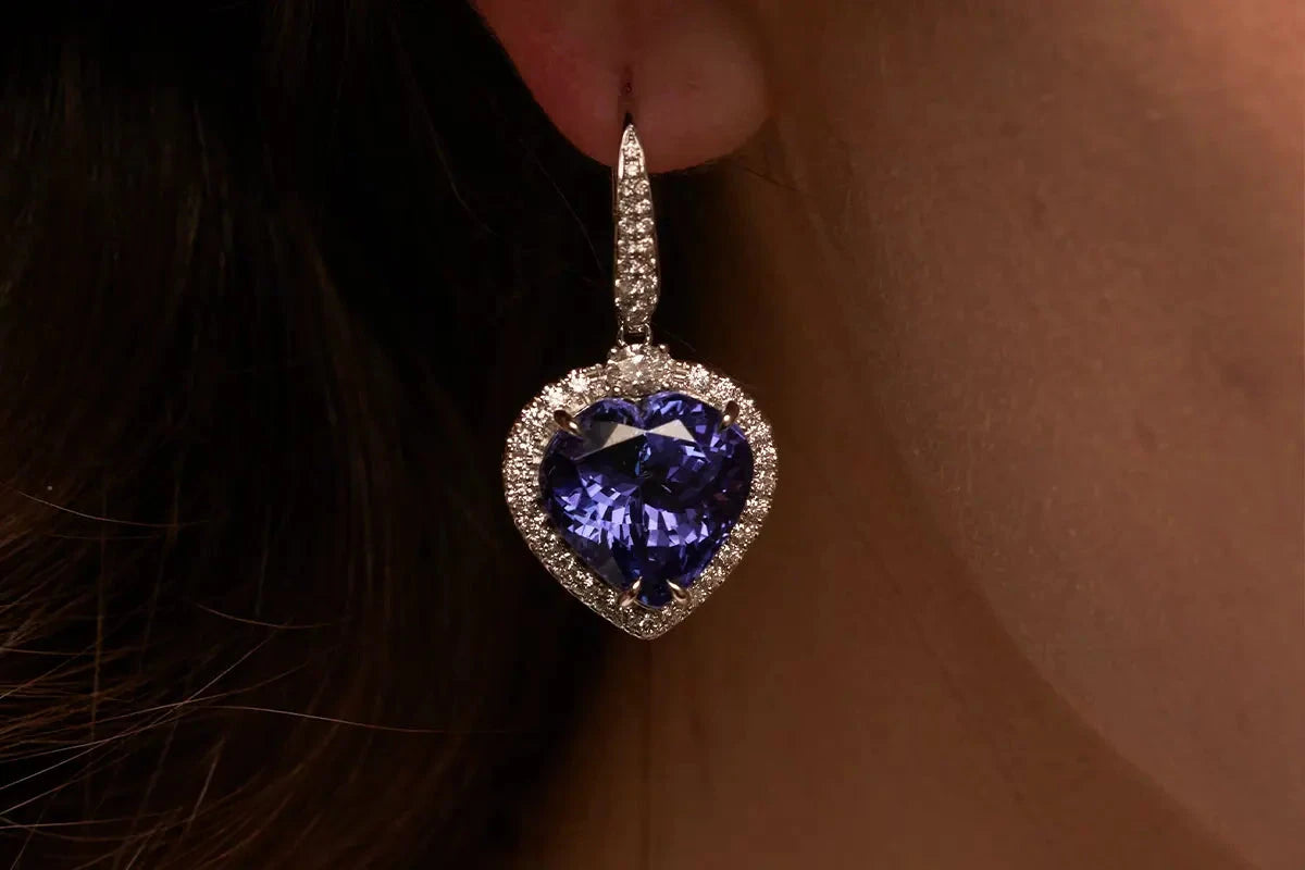 Heart-Shaped Tanzanite Diamond Halo Earrings from Park City Jewelers.