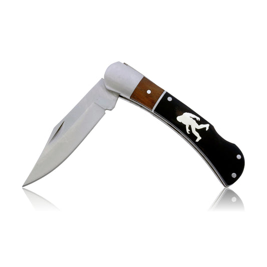 Ebony Double Wood Inlay Knife with Sterling Silver Wolf Inlay