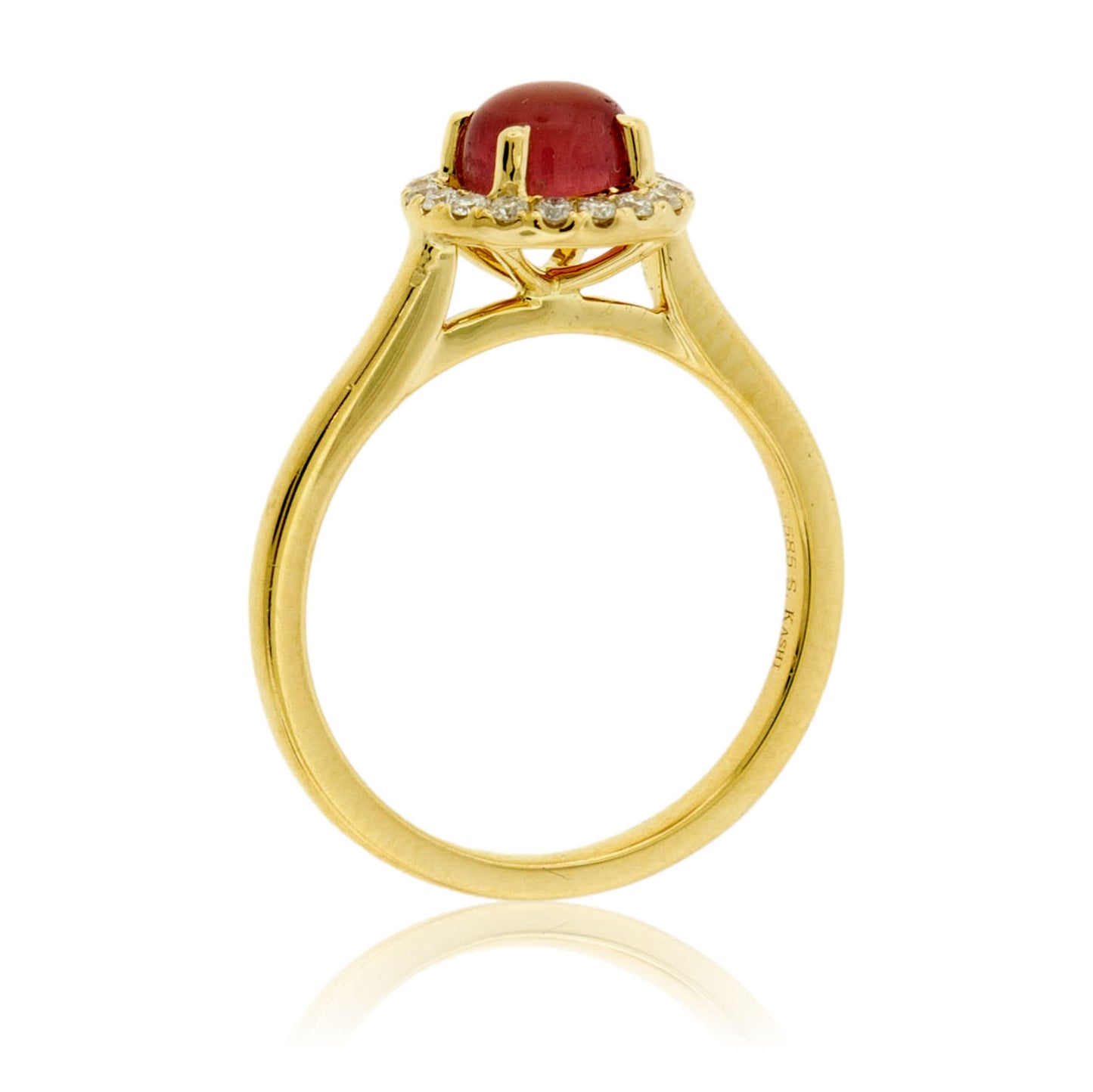 Red Beryl Cabochon and Diamond Halo Ring