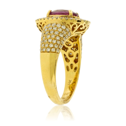 Oval Shaped Pink Sapphire Diamond Double Halo Ring