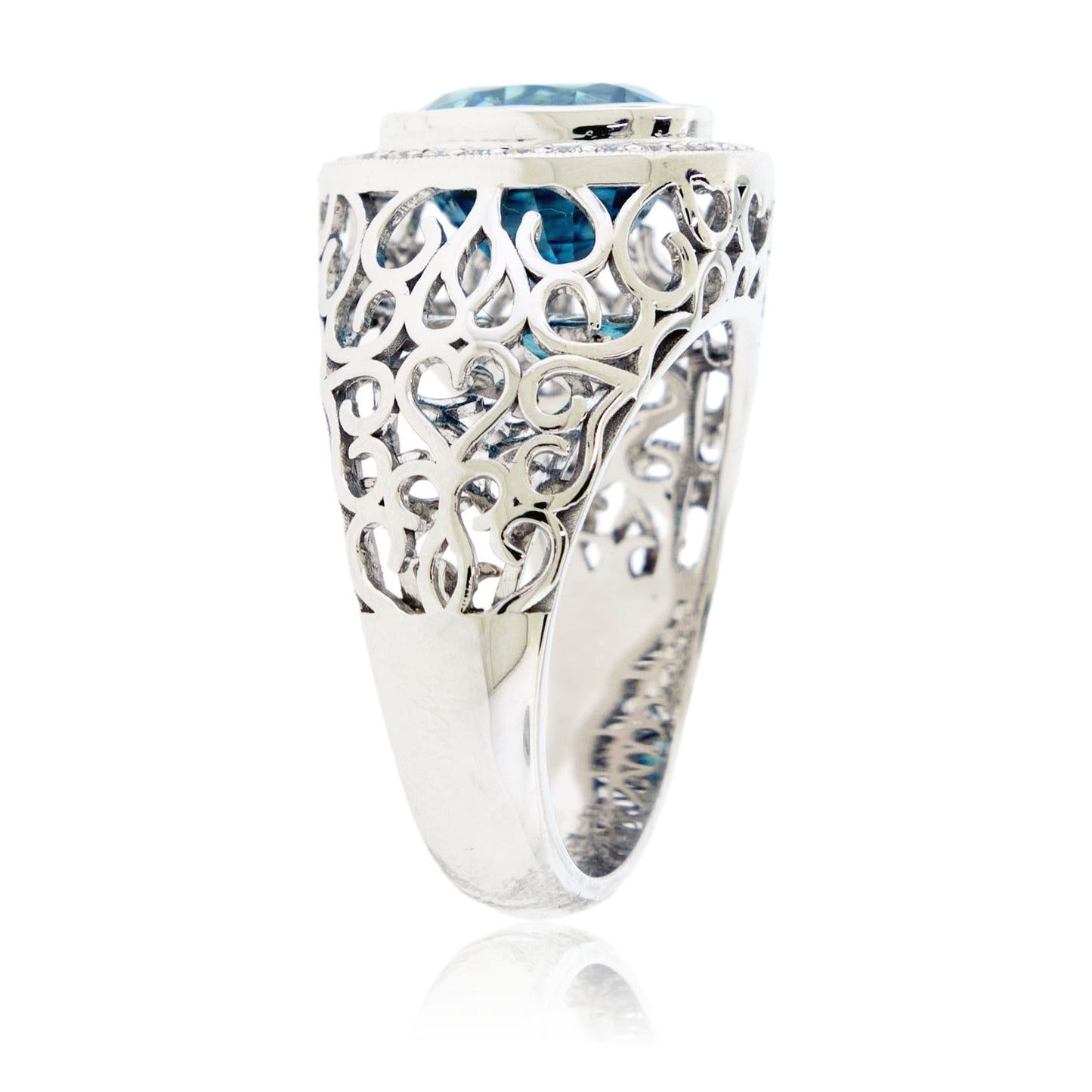Oval Shaped Blue Zircon with Diamond Halo Filigree Ring