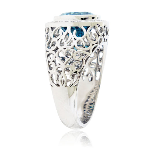 Oval Shaped Blue Zircon with Diamond Halo Filigree Ring