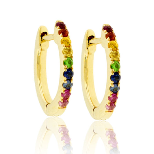 Yellow Gold Rainbow Sapphire Huggie Hoop Earrings