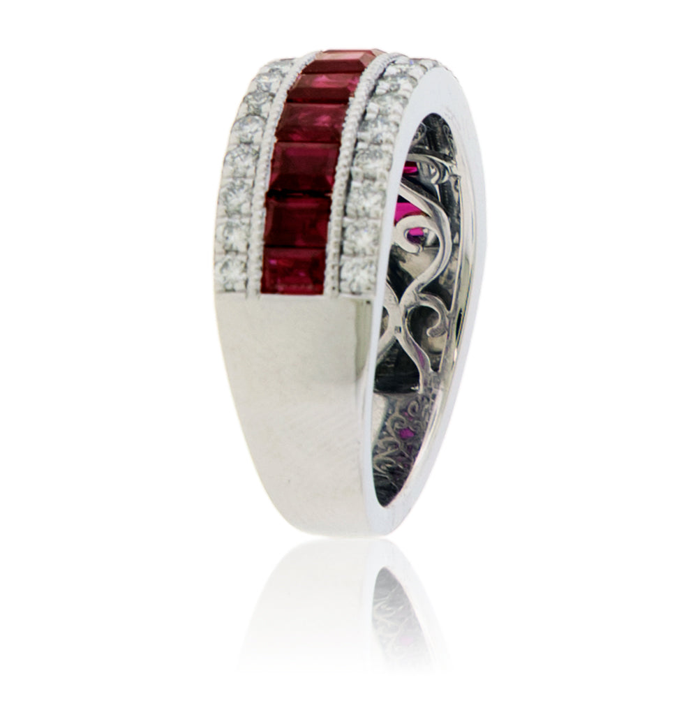 Step Cut Ruby and Diamond Lined Milgrain Ring