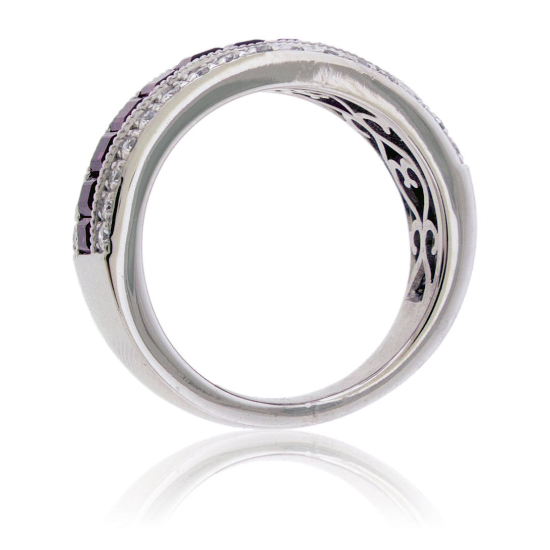 Step Cut Ruby and Diamond Lined Milgrain Ring