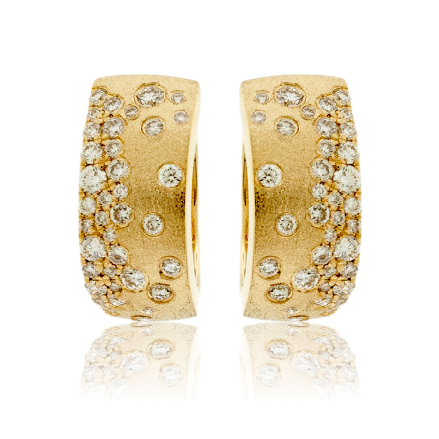 Yellow Gold Satin Finish Flush Set Diamond Earrings