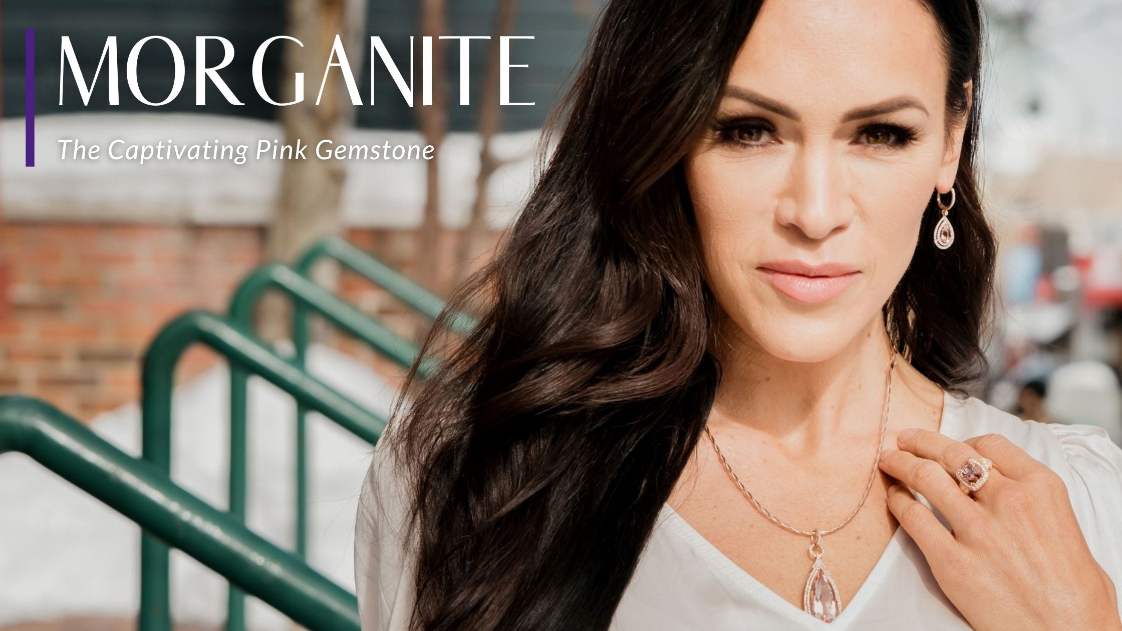 Morganite Jewelry Blog Post Featuring a Woman Wearing Morganite Earrings, Necklace, and Ring - Park City Jewelers.