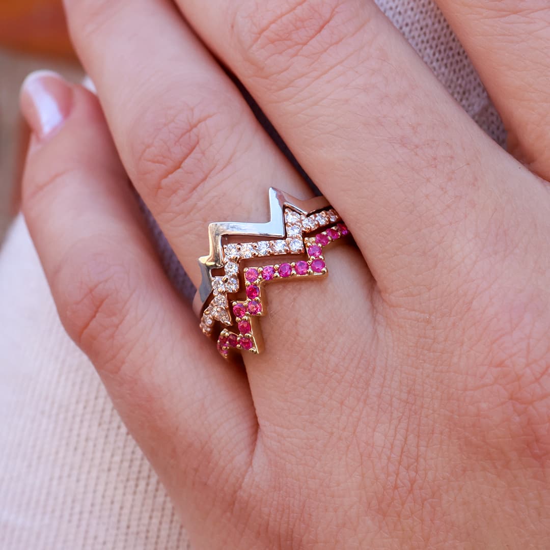 Woman Wearing Three Stackable Mountain Rings - Park City Jewelers