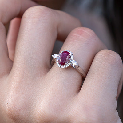 Woman wearing Park City Jewelers Red Emerald Ring