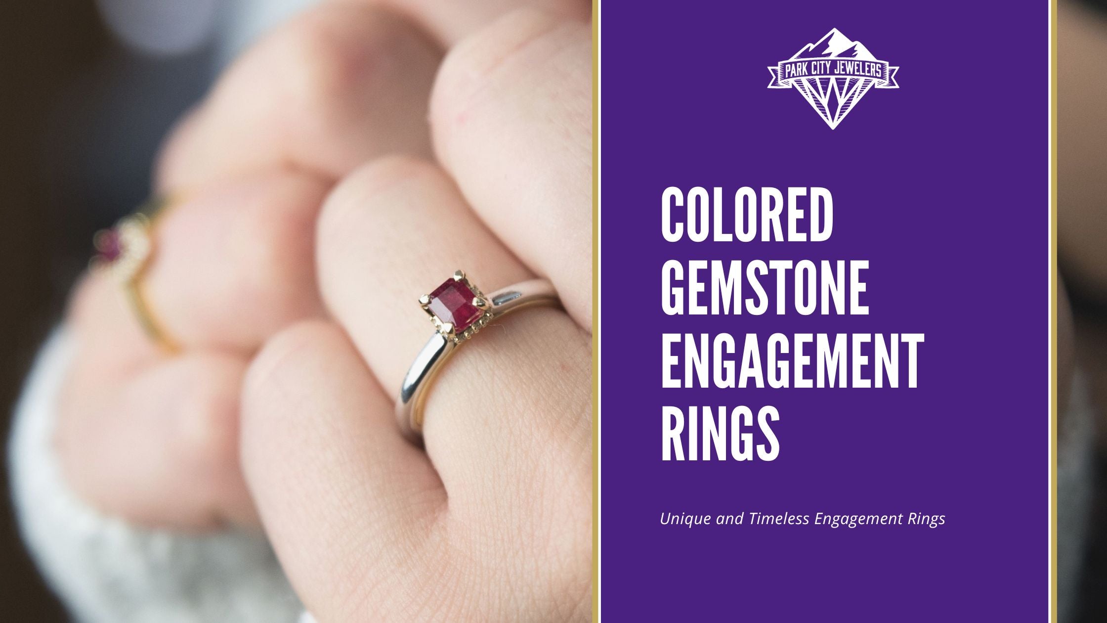 Colored Gemstone Engagement Rings Blog Banner Featuring a Woman Wearing a Red Emerald Ring - Park City Jewelers.