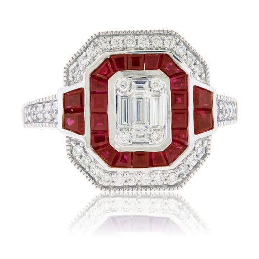 Baguette Ruby & Diamond Art Deco Inspired Ring - Park City Jewelers