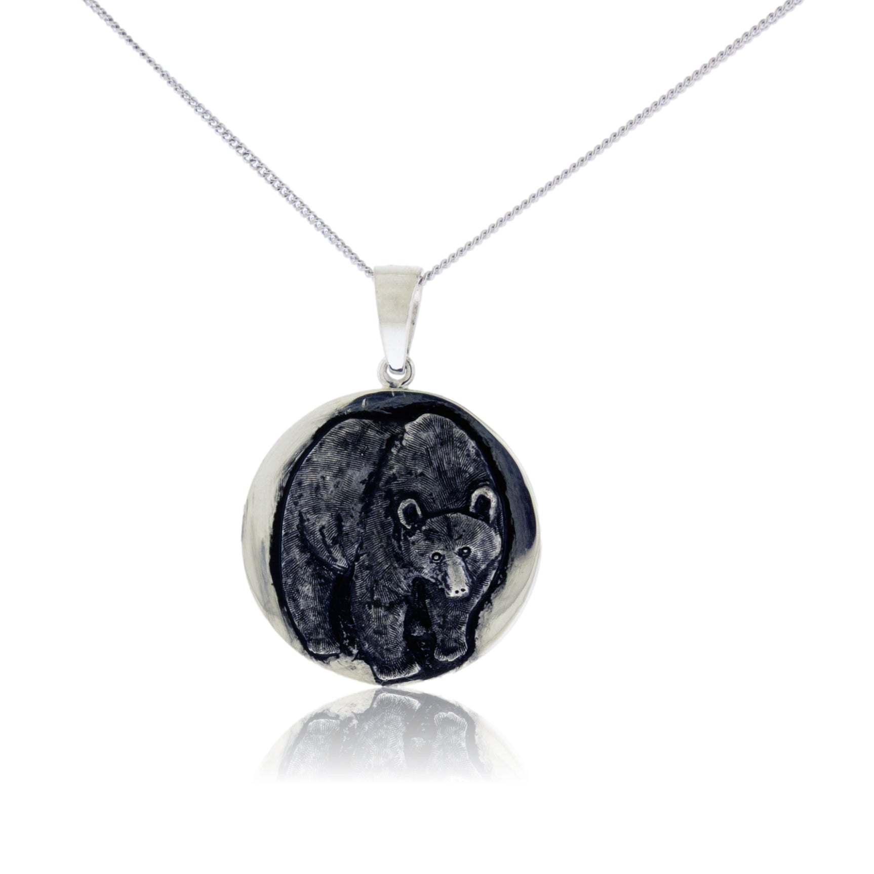 Sterling silver bear circle pendant with engraved bear design on chain – Park City Jewelers