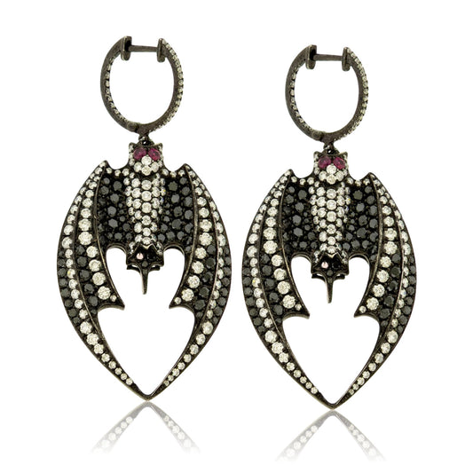 Black Plated White Gold with Black Diamond & White Diamond Bat Earrings - Park City Jewelers