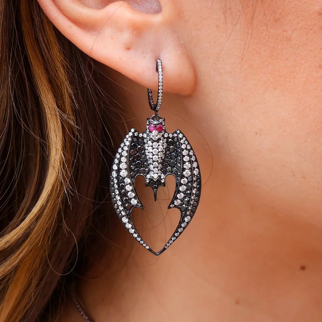 Black Plated White Gold with Black Diamond & White Diamond Bat Earrings - Park City Jewelers