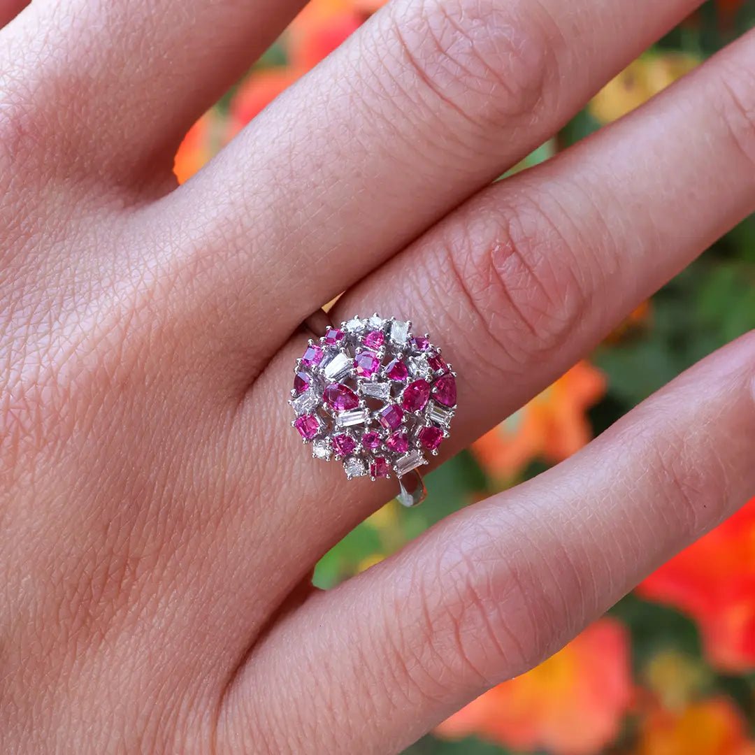 Cluster Style Red Emerald and Diamond Accented Ring - Park City Jewelers