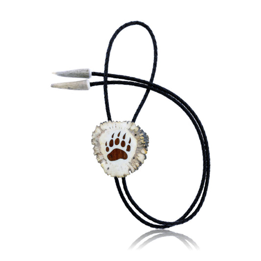Elk Antler Button and Tip Bolo with Hardwood Bear Paw Inlay - Park City Jewelers