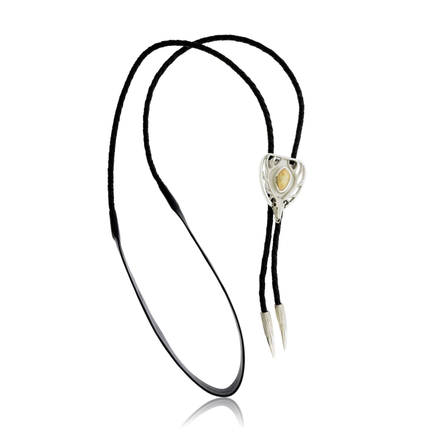Full view of the abstract Elk Head and Ivory Bolo Tie, showing the sterling silver slide on a black braided leather cord with a neck strap and textured silver tips.