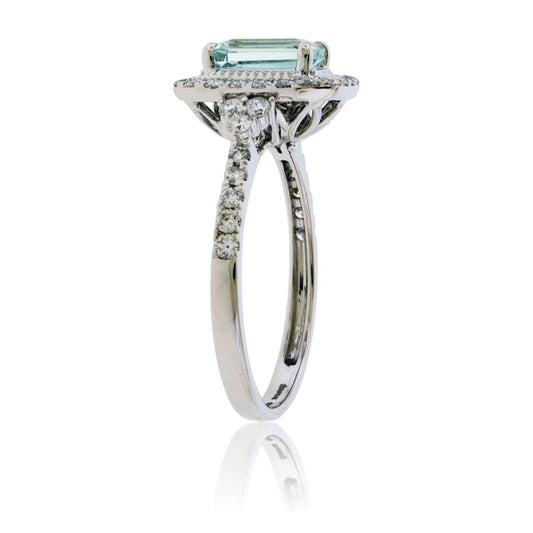 Emerald - Cut Aquamarine with Diamond Halo Ring - Park City Jewelers