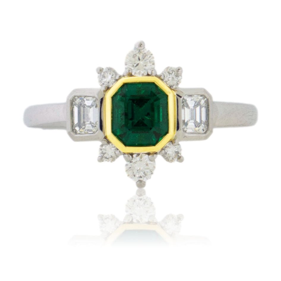Emerald - Cut Columbian Emerald & Diamond Burst Accented Ring - Park City Jewelers