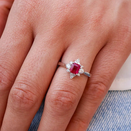 Emerald - Cut Red Emerald and Diamond Burst Halo Ring - Park City Jewelers