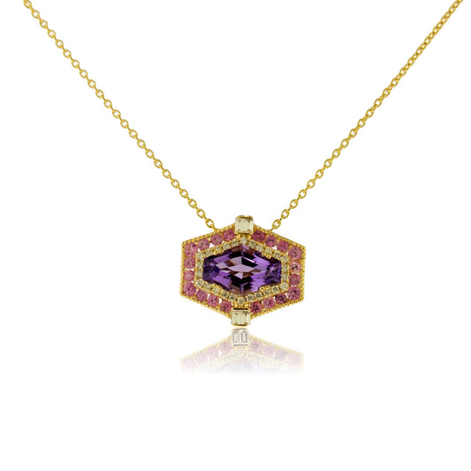 Fancy Cut Amethyst Diamond and Pink Sapphire Pendant with Chain - Park City Jewelers