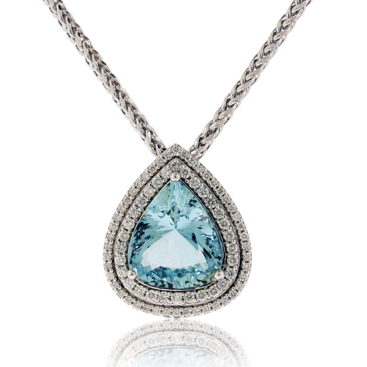 Fancy Cut Aquamarine & Diamond Double Halo Pendant w/Chain - Park City Jewelers