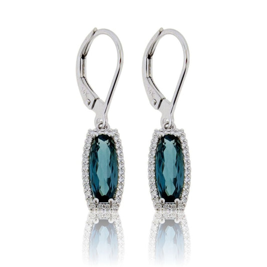 Fancy Cut Blue Topaz & Diamond Halo Dangle Earrings - Park City Jewelers