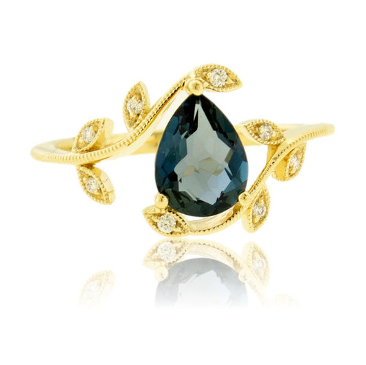 Fancy Cut Blue Topaz & Diamond Leaf Motif Ring - Park City Jewelers