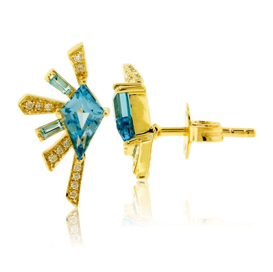 Fancy Cut Blue Topaz Half Burst Diamond Accented Stud Earrings - Park City Jewelers