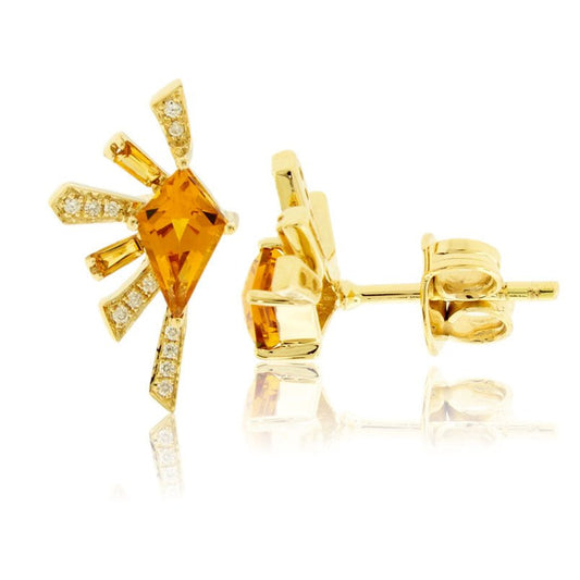 Fancy Cut Citrine & Diamond Halo Half Burst Stud Earrings - Park City Jewelers