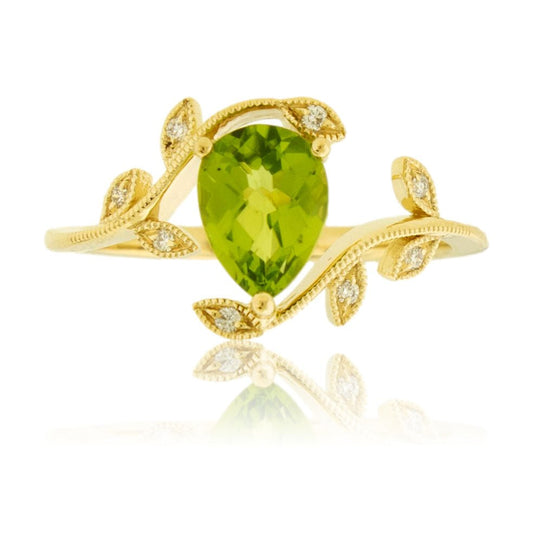 Fancy Cut Peridot & Diamond Leaf Motif Ring - Park City Jewelers