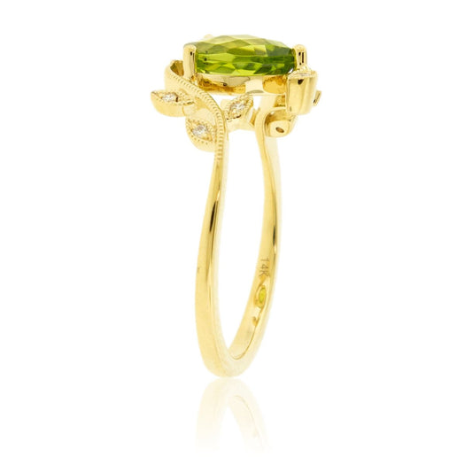 Fancy Cut Peridot & Diamond Leaf Motif Ring - Park City Jewelers