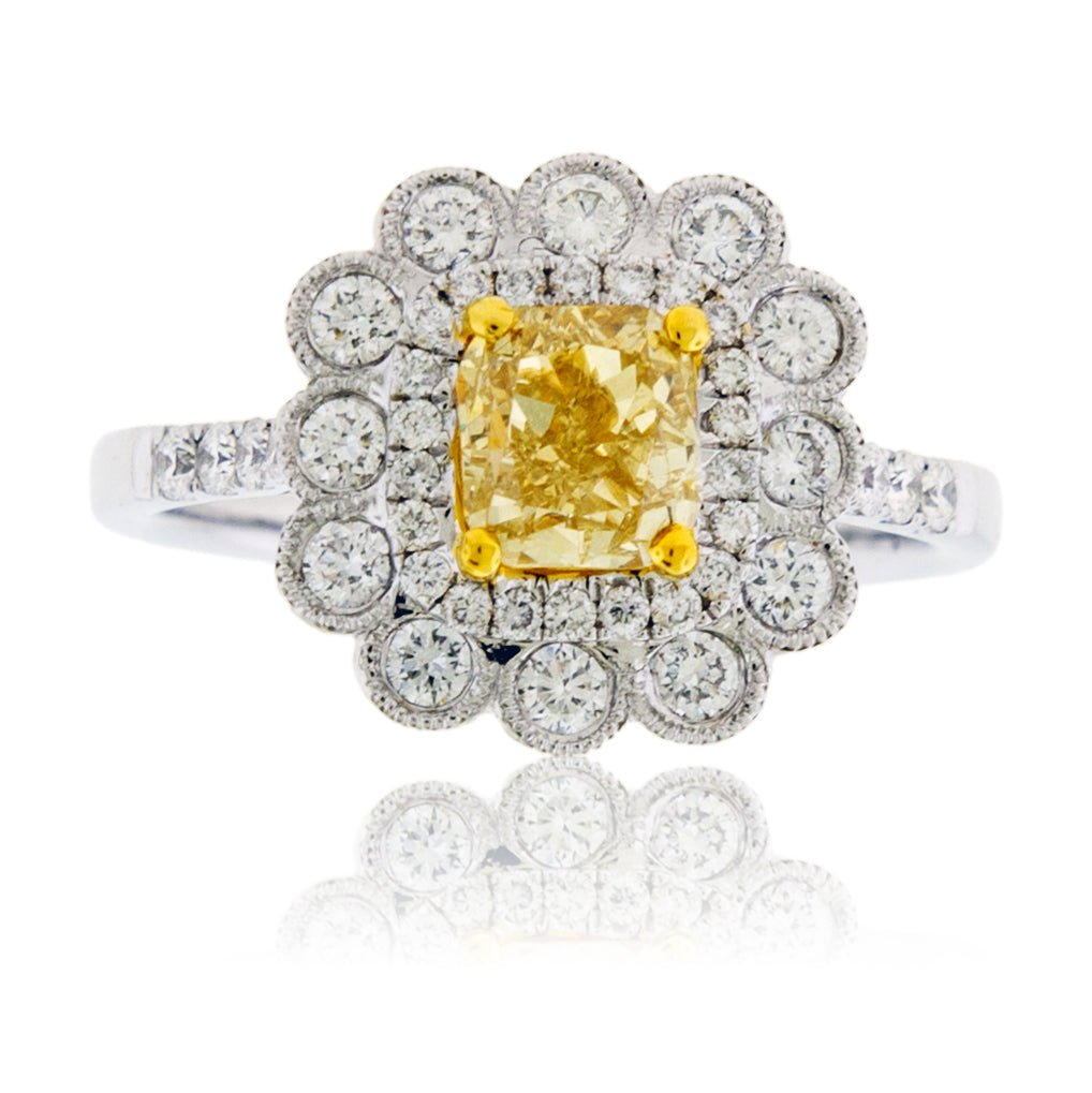Fancy Natural Yellow Diamond & Diamond Burst Halo Ring - Park City Jewelers