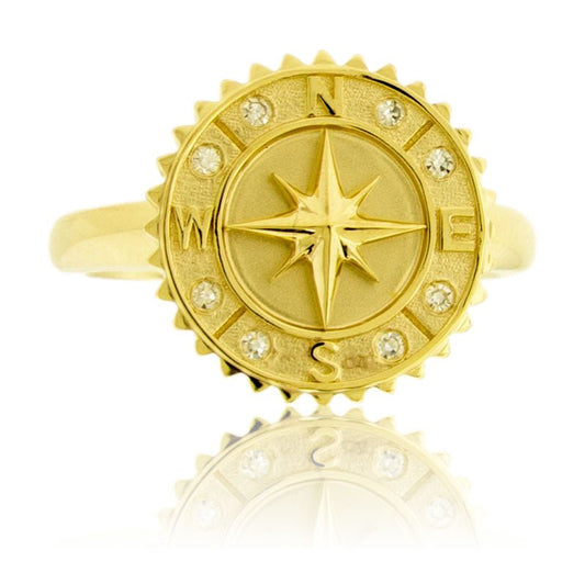 Gold Satin Finish Diamond Compass Medallion Ring - Park City Jewelers