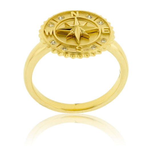 Gold Satin Finish Diamond Compass Medallion Ring - Park City Jewelers