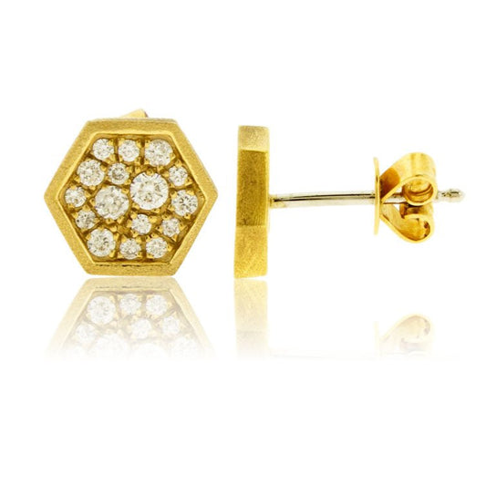 Gold Satin Finish Pave Honeycomb Diamond Stud Earrings - Park City Jewelers
