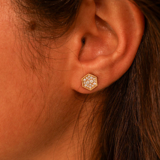 Gold Satin Finish Pavé Honeycomb Diamond Stud Earrings - Park City Jewelers