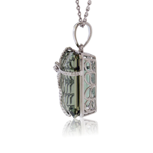 Green Amethyst & Diamond Bow Pendant with Chain - Park City Jewelers