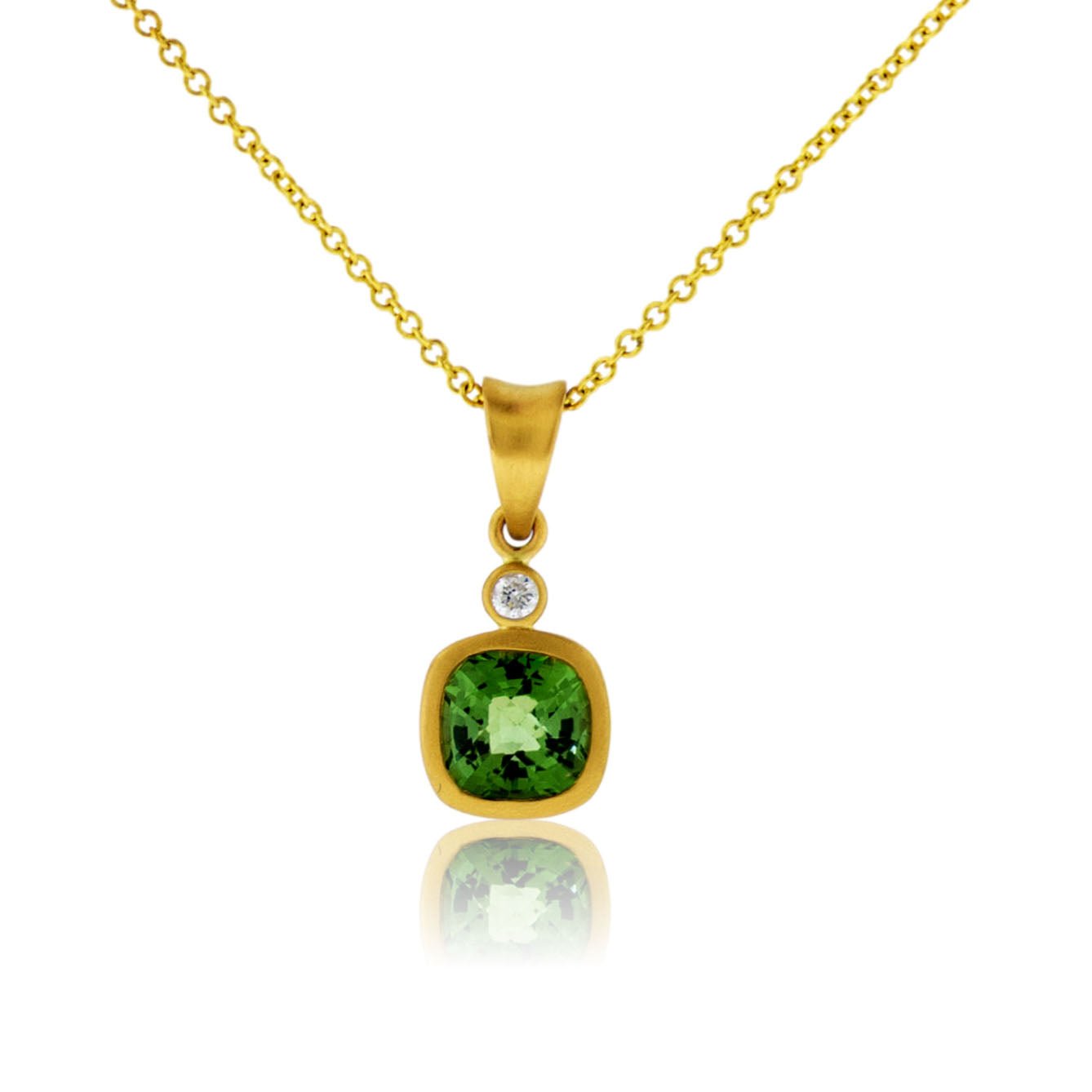 Green Tourmaline Cushion - Cut Bezel Set with Diamond Accent Pendant - Park City Jewelers