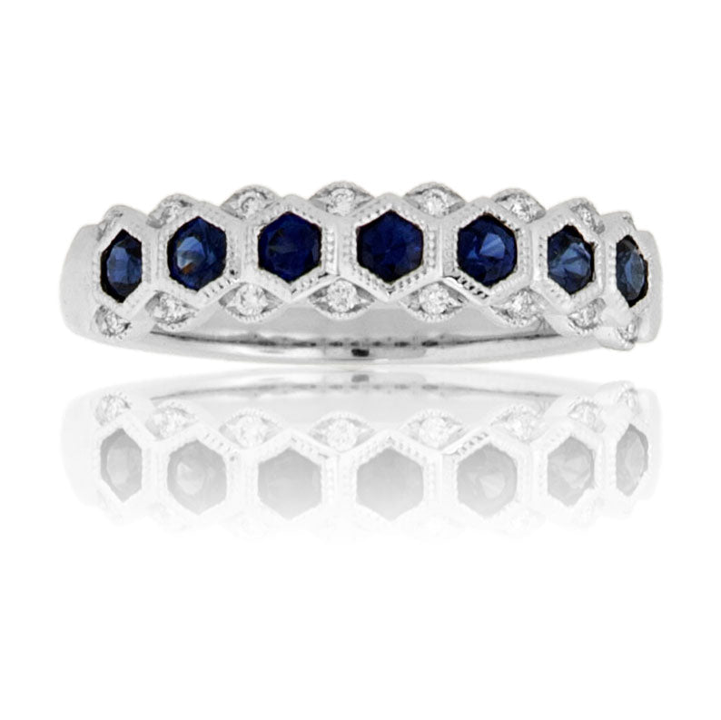 Hex - Cut Blue Sapphire & Diamond Accented Milgrain Style Band - Park City Jewelers