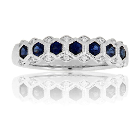 Hex - Cut Blue Sapphire & Diamond Accented Milgrain Style Band - Park City Jewelers