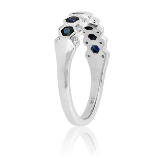 Hex - Cut Blue Sapphire & Diamond Accented Milgrain Style Band - Park City Jewelers
